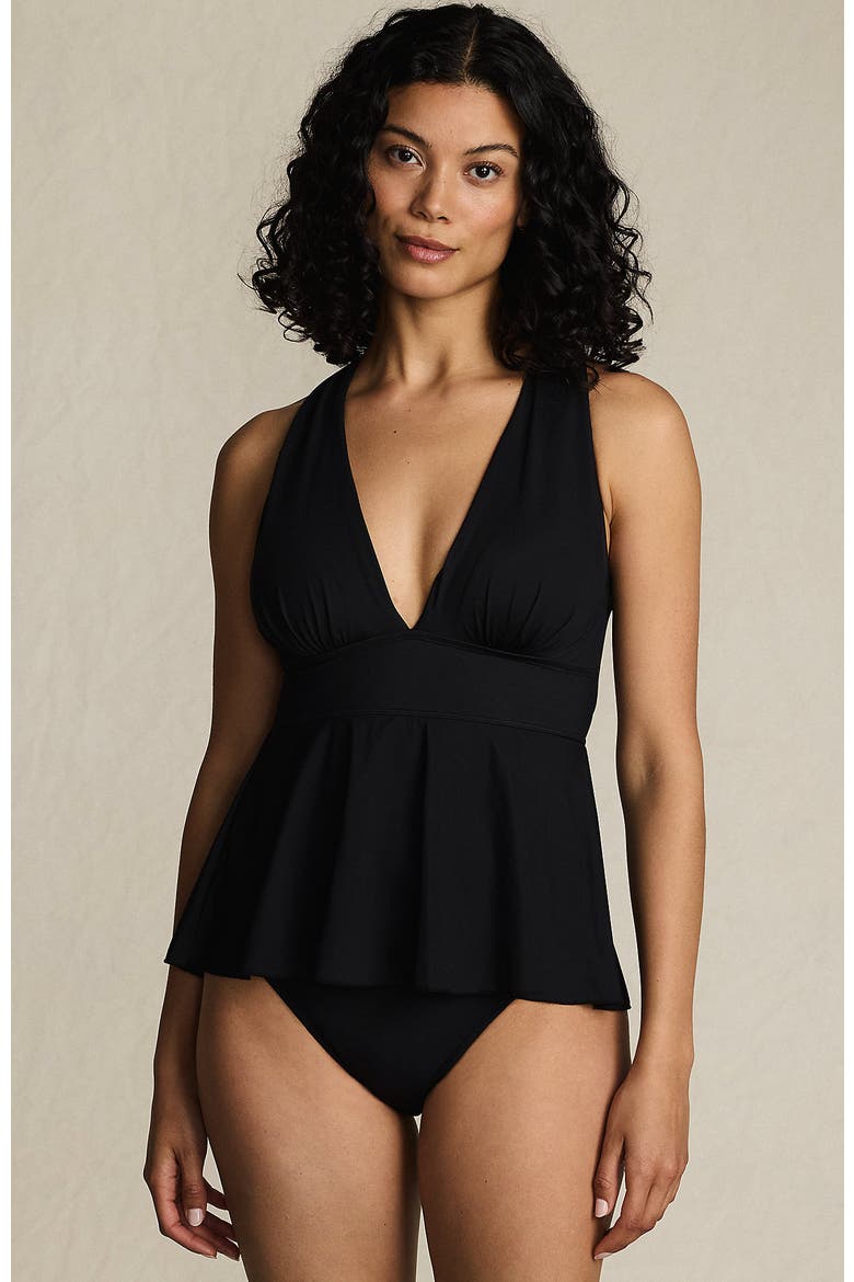SlenderSuit Plunge Ruched X-Back Ruffle Fauxkini One Piece Swimsuit, Main, color, Black