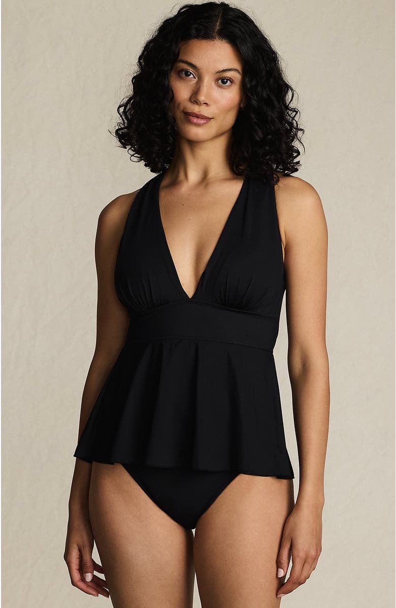 Lands' End SlenderSuit Plunge Ruched X-Back Ruffle Fauxkini One Piece Swimsuit, Main, color, Black