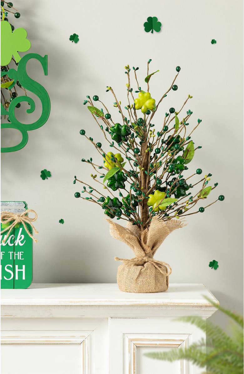 Glitzhome 18"H St. Patrick's Shamrock and Berry Table Tree, Alternate, color, Green