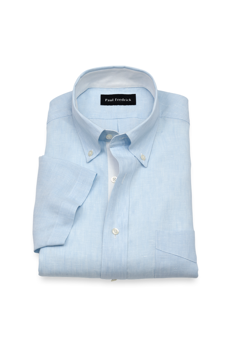 Linen Buttondown Collar Poplin Tailored Contrast Trim Hemmed Short Sleeve Shirt, Main, color, Light Blue