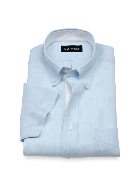 Linen Buttondown Collar Poplin Tailored Contrast Trim Hemmed Short Sleeve Shirt