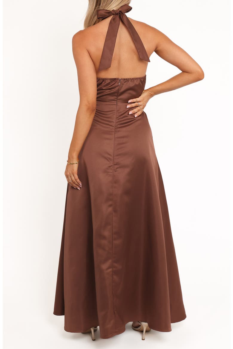 Norva Bow Front Halter Satin Maxi Dress, Alternate, color, BROWN