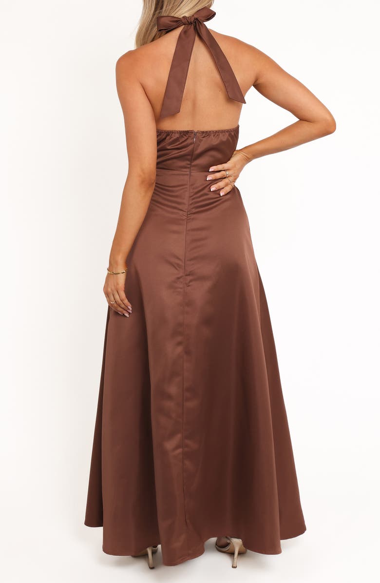 Petal & Pup Norva Bow Front Halter Satin Maxi Dress, Alternate, color, Brown