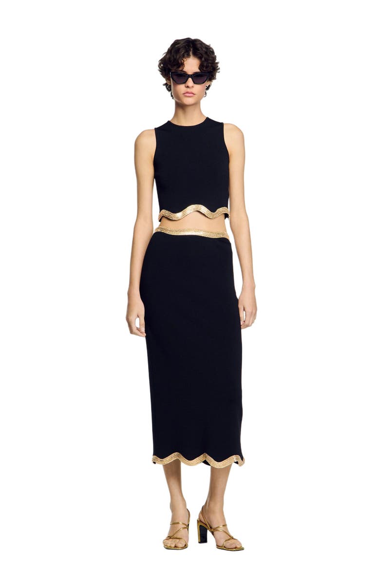 SANDRO Long knitted skirt with chain detail, Alternate, color, Black