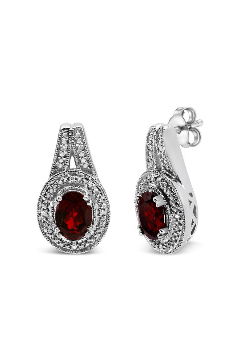 Silver Diamond Accent and 8x6mm Red Oval Garnet Stud Earrings, Alternate, color, White