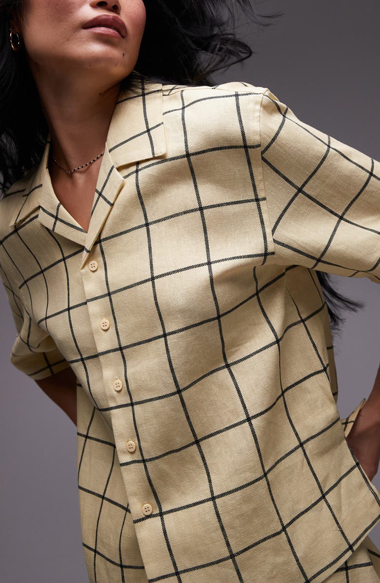 Topshop Windowpane Cotton Button-Up Resort Shirt, Alternate, color, Yellow