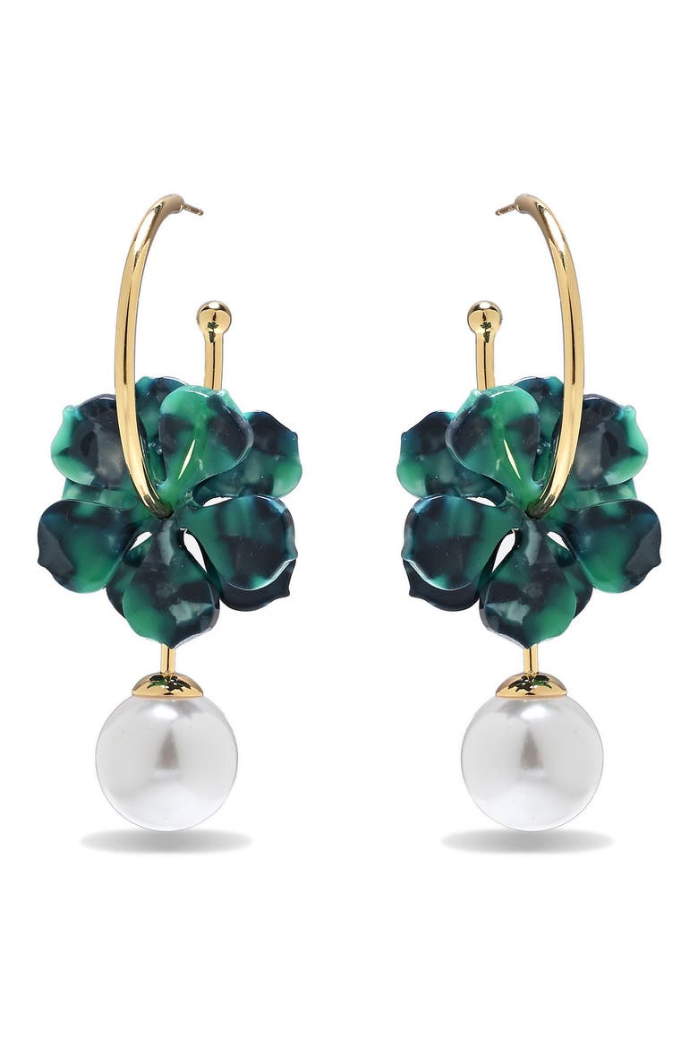 Valentina Faux Pearl Drop Floral Hoop Earrings, Alternate, color, GOLD