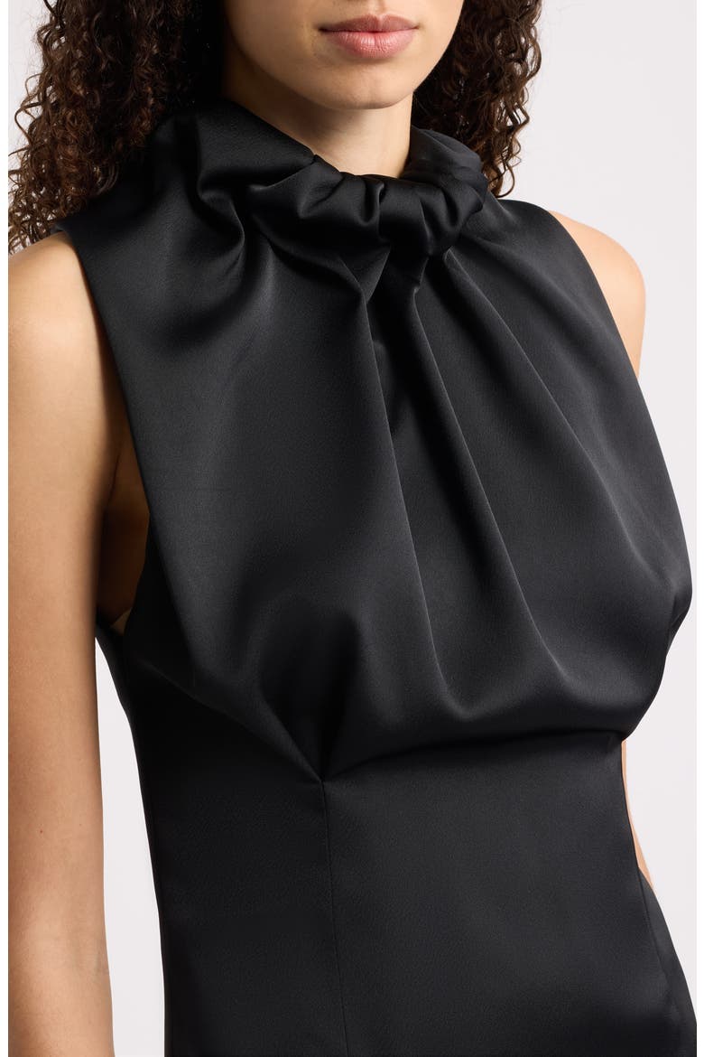 Draped High Neck Asymmetric Satin & Chiffon Dress, Alternate, color, BLACK