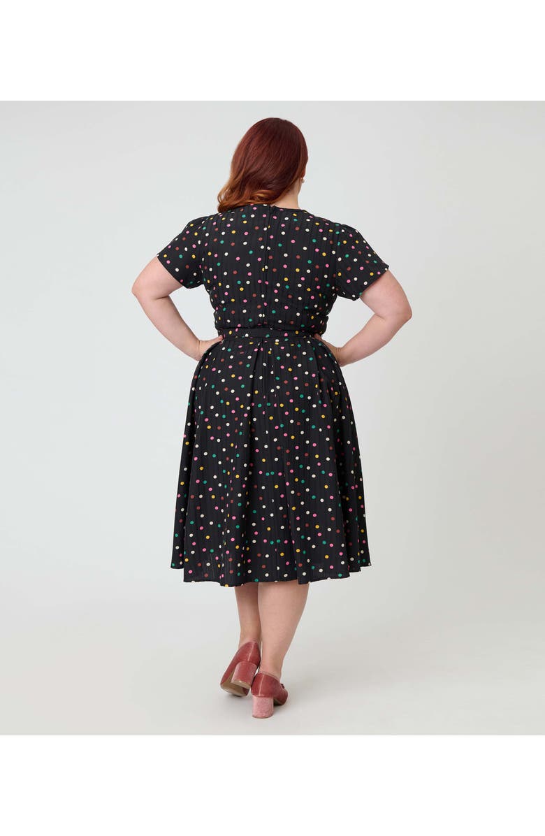 Unique Vintage Plus Size Short Petal Sleeve Tie Neck Dahlia Swing Dress, Alternate, color, Black Pin Dot