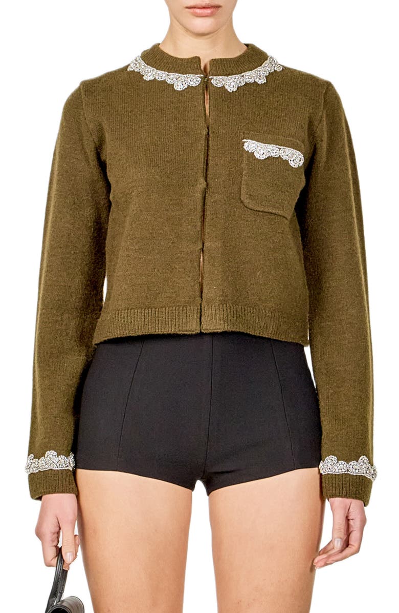 Endless Rose Crystal Embellished Cardigan, Main, color, Olive