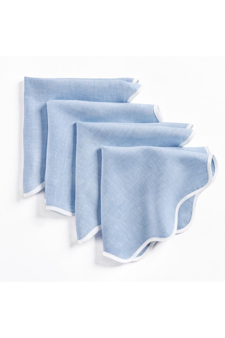 Linen Dinner Napkins Set of 4, 20 Inch Round - Giselle Scallop Edge, Main, color, White and Chambray Blue