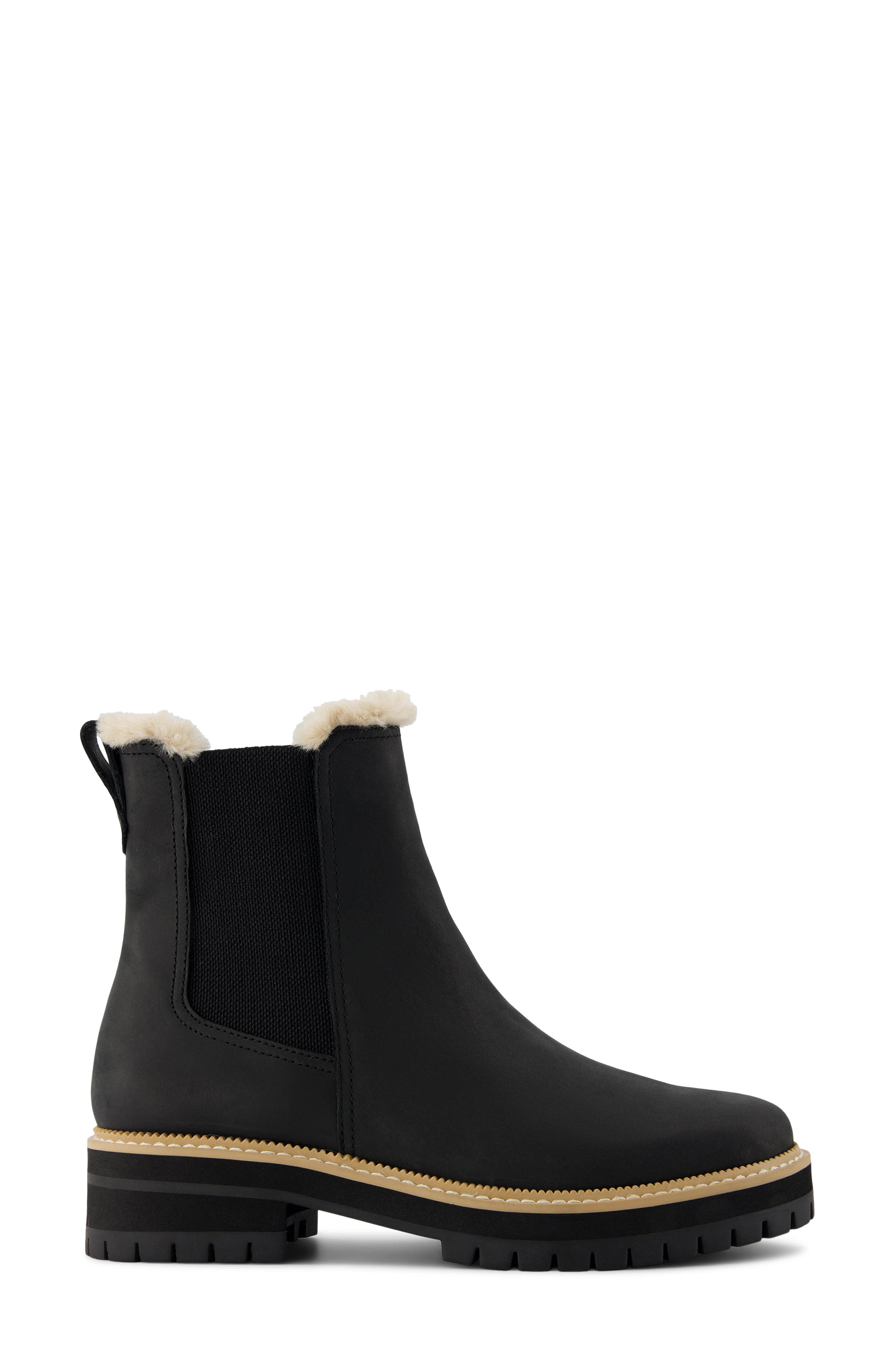 TOMS Bennet Chelsea Boot, Alternate, color, Black Leather/ Faux Fur