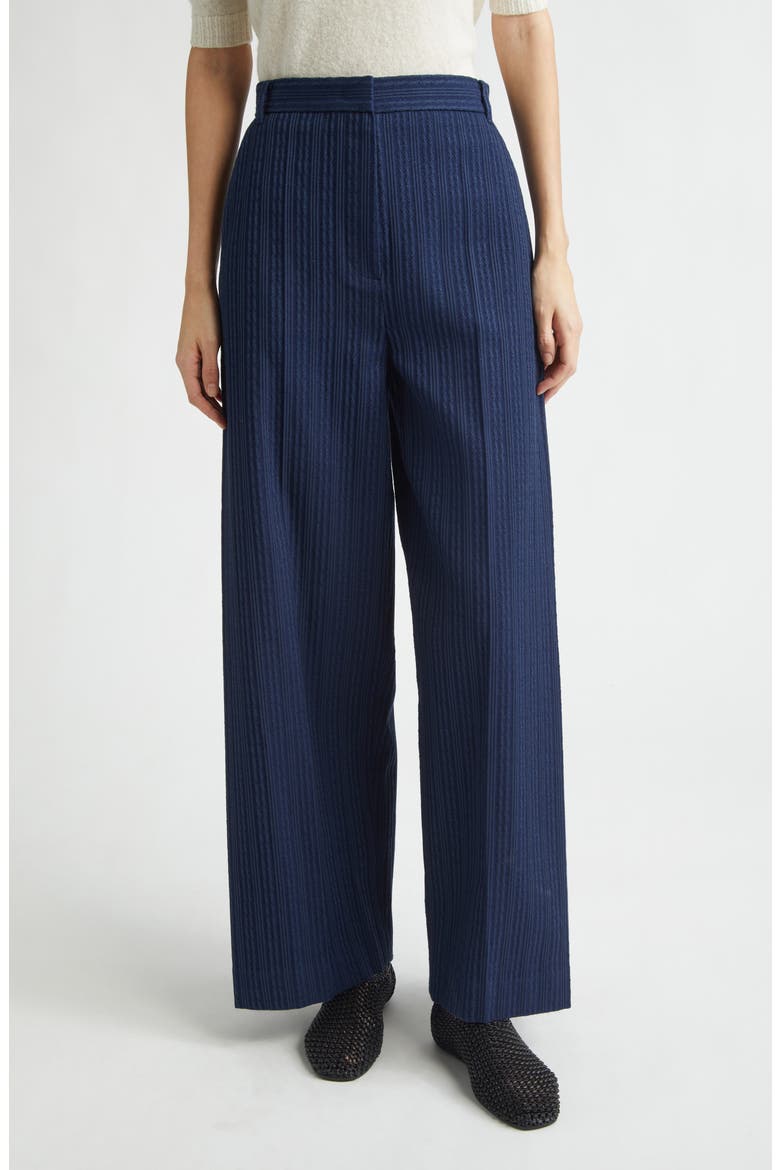 Side Tuck Cotton Blend Jacquard Knit Wide Leg Pants, Main, color, NAVY