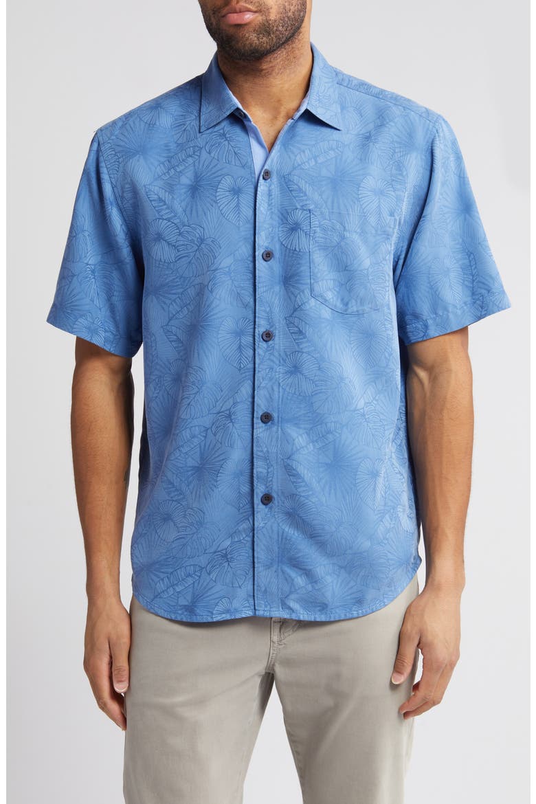 Coconut Point Keep it Frondly IslandZone® Short Sleeve Performance Button-Up Shirt, Main, color, BRIGHT COBALT