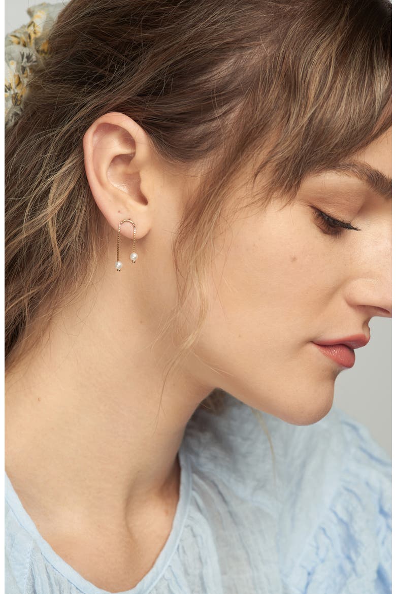 Box Chain Double Cultured Pearl Earrings, Alternate, color, YELLOW GOLD