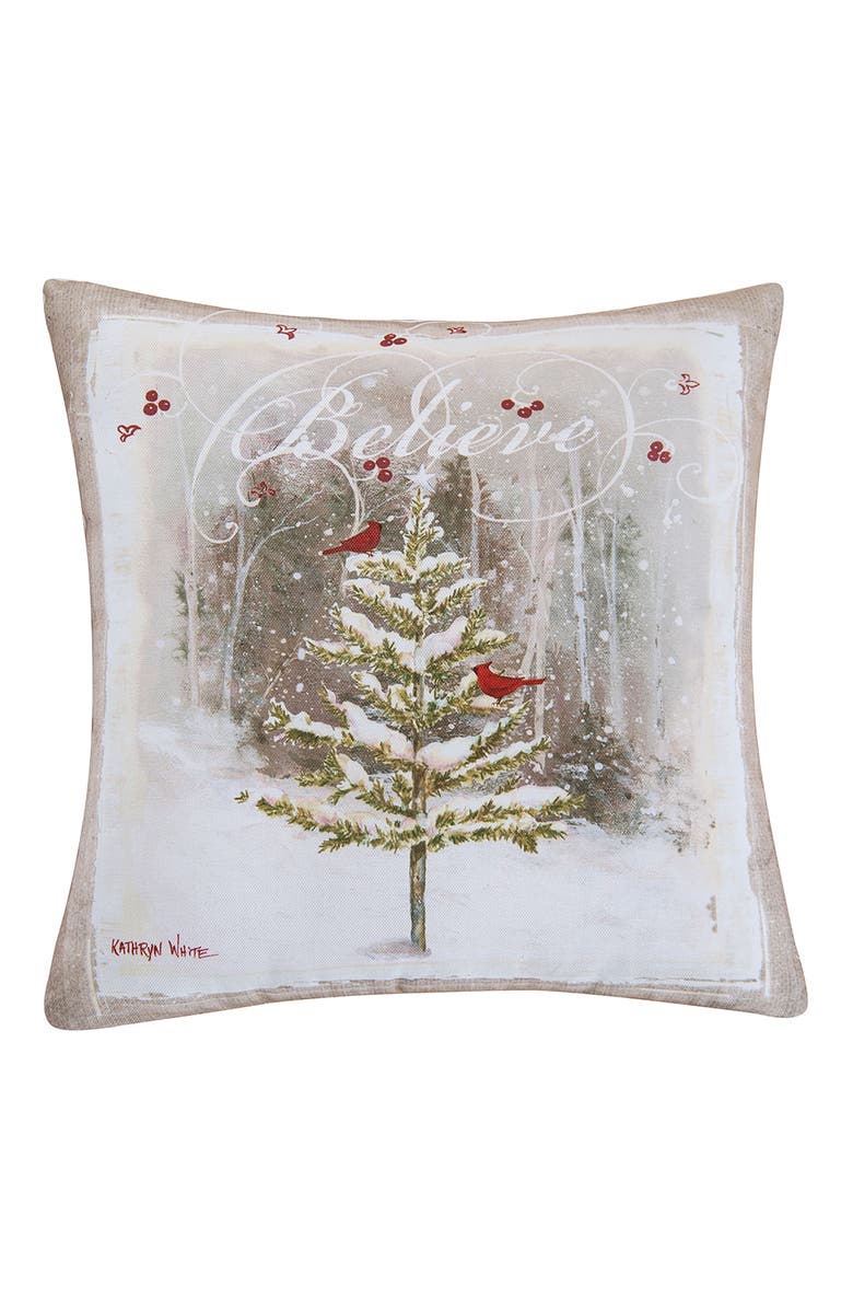 C&F Home Christmas Tree "Believe" Premium Indoor/Outdoor Accent Throw Pillow, 18" x 18", Main, color, Grey