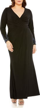 Mac Duggal Long Crystal Detail Sleeve V Neck Gown