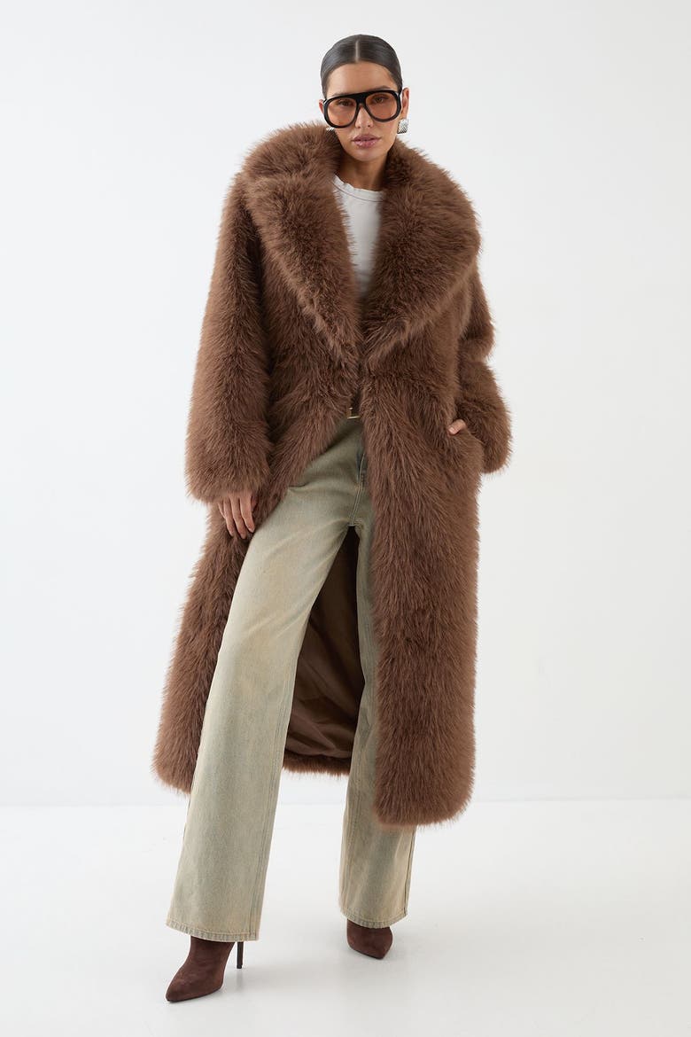Long Faux Fur Wide Collar Coat, Main, color, Brown