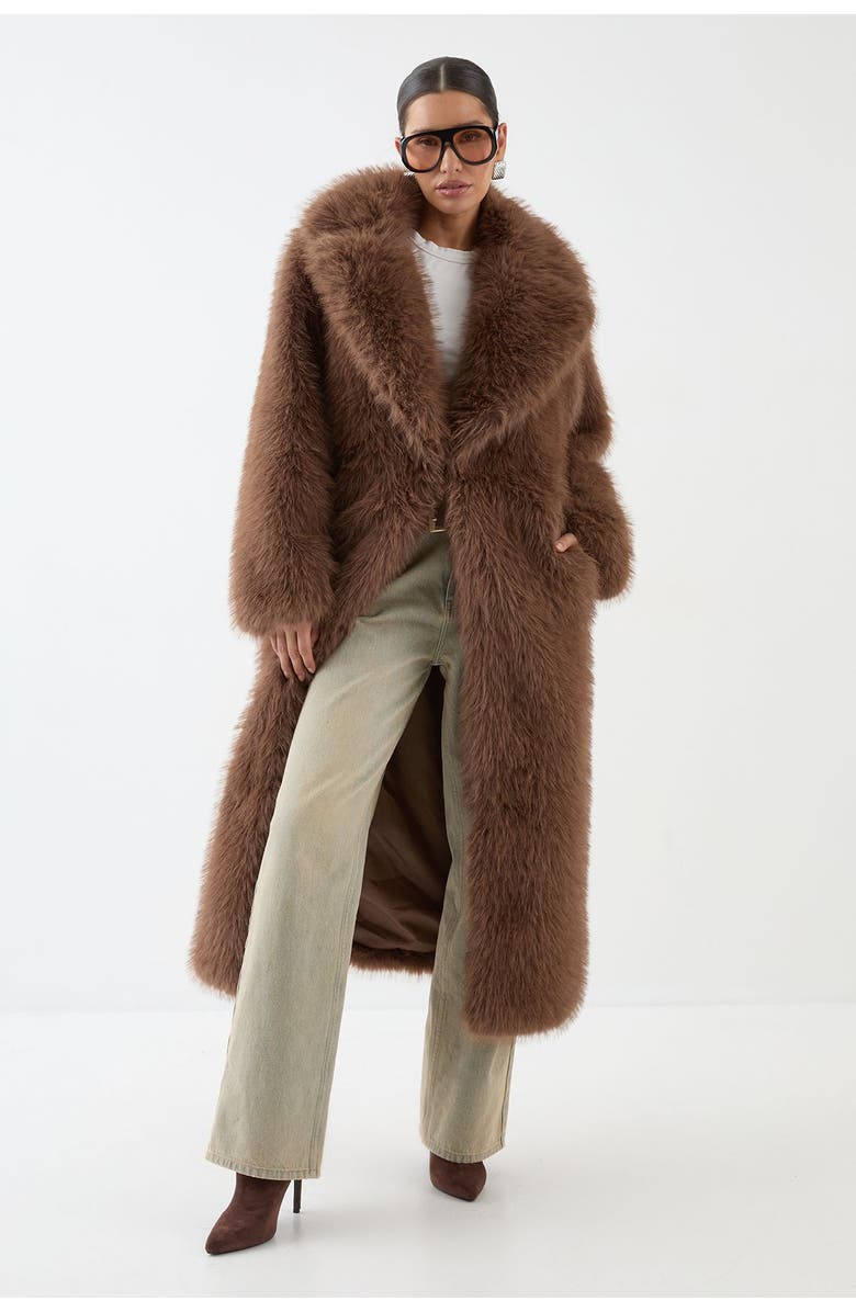 MissPap Long Faux Fur Wide Collar Coat, Main, color, Brown