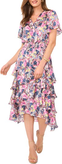 Vince Camuto Floral Tiered Flutter Sleeve Midi Dress Nordstrom