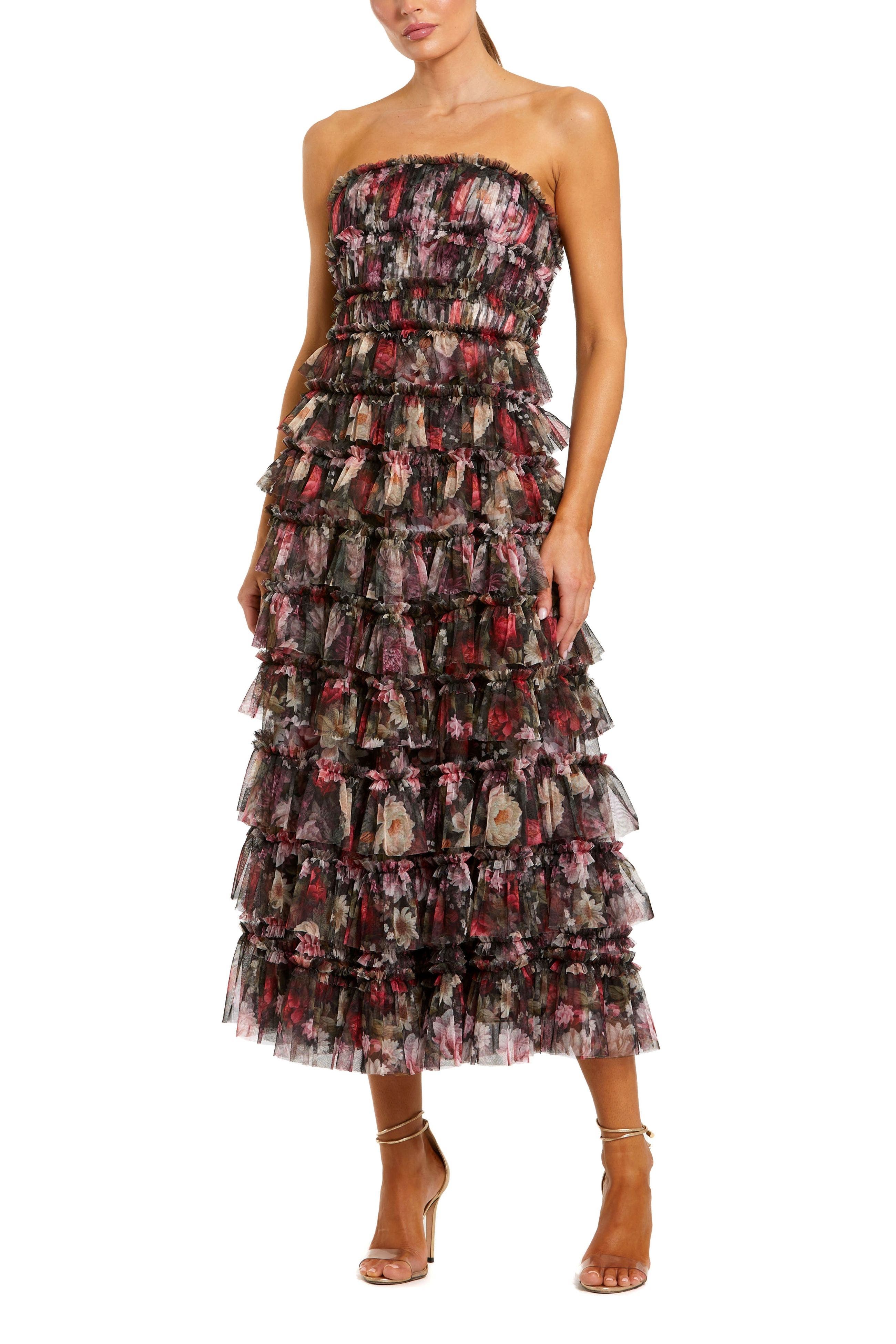 Strapless Micro Ruffle A Line Midi Dress