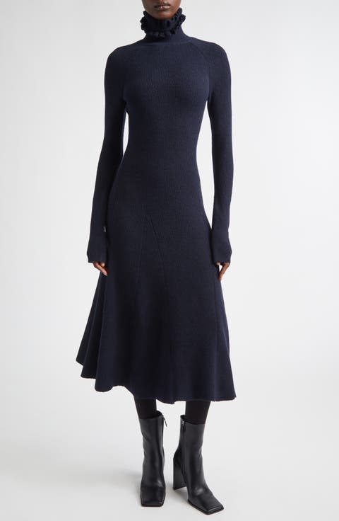 Long Sleeve Wool & Silk Blend Fit & Flare Sweater Dress