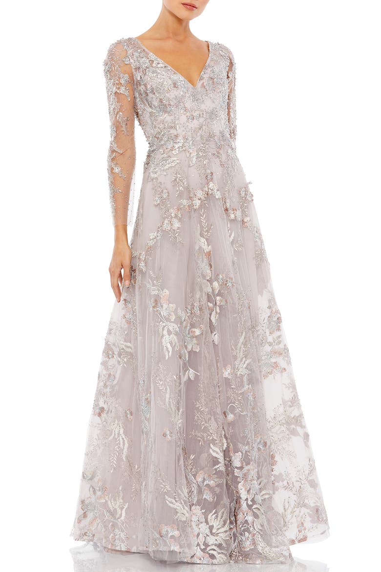 Appliqued Illusion Long Sleeve A Line Gown, Main, color, VINTAGE LILAC