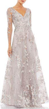 Mac Duggal Appliqued Illusion Long Sleeve A Line Gown