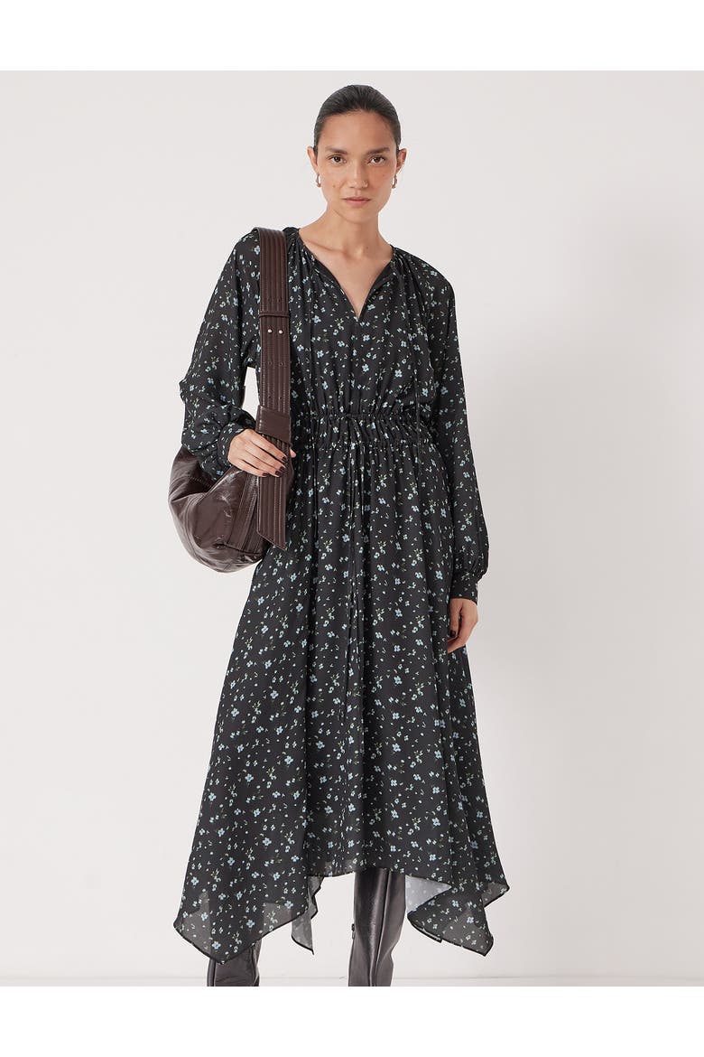 Odelia Printed Long Sleeve Chiffon Dress, Main, color, Ditsy Floral Black