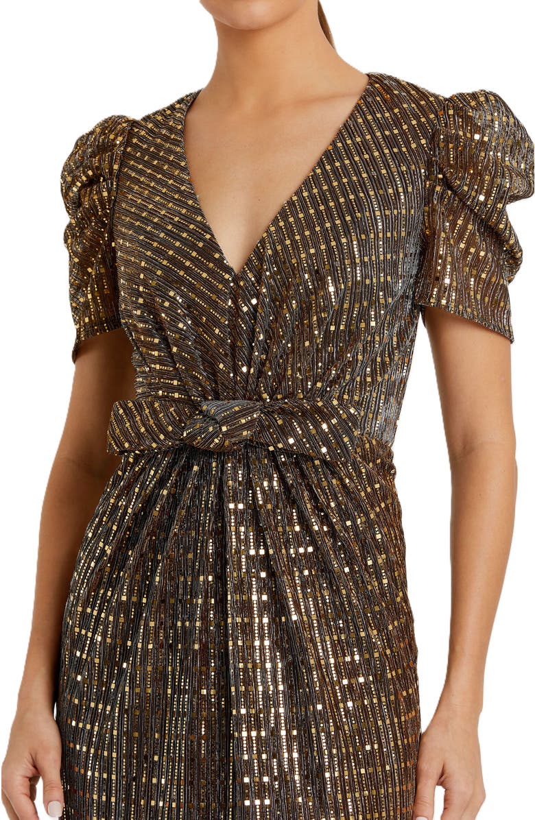 Mac Duggal Bow Waisted Cap Sleeve Metallic Gown, Alternate, color, Bronze