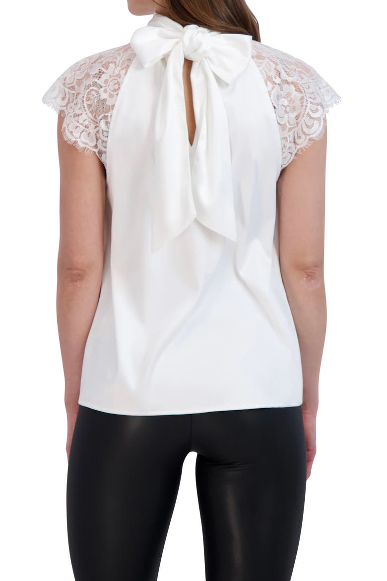 Tie Back Mock Neck Lace Sleeve Satin Blouse, Alternate, color, WHITE