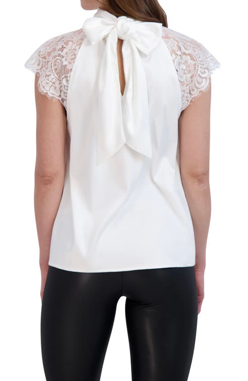 Ookie & Lala Tie Back Mock Neck Lace Sleeve Satin Blouse In White