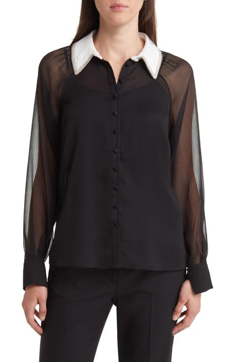 Chayse Beaded Collar Chiffon Button-Up Shirt