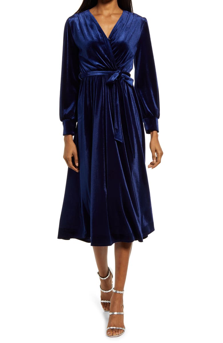 Fraiche by J Faux Wrap Long Sleeve Velvet Midi Dress, Main, color, 