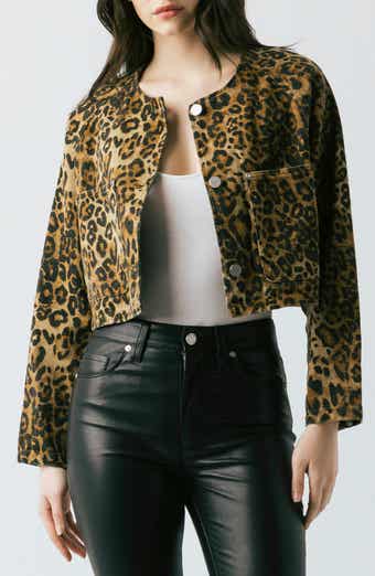 BLANKNYC Crop Leopard Print Denim Jacket