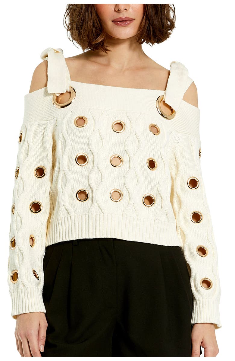 Mac Duggal Off The Shoulder Grommet Cropped Knit Sweater, Main, color, Cream