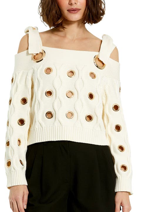 Off The Shoulder Grommet Cropped Knit Sweater