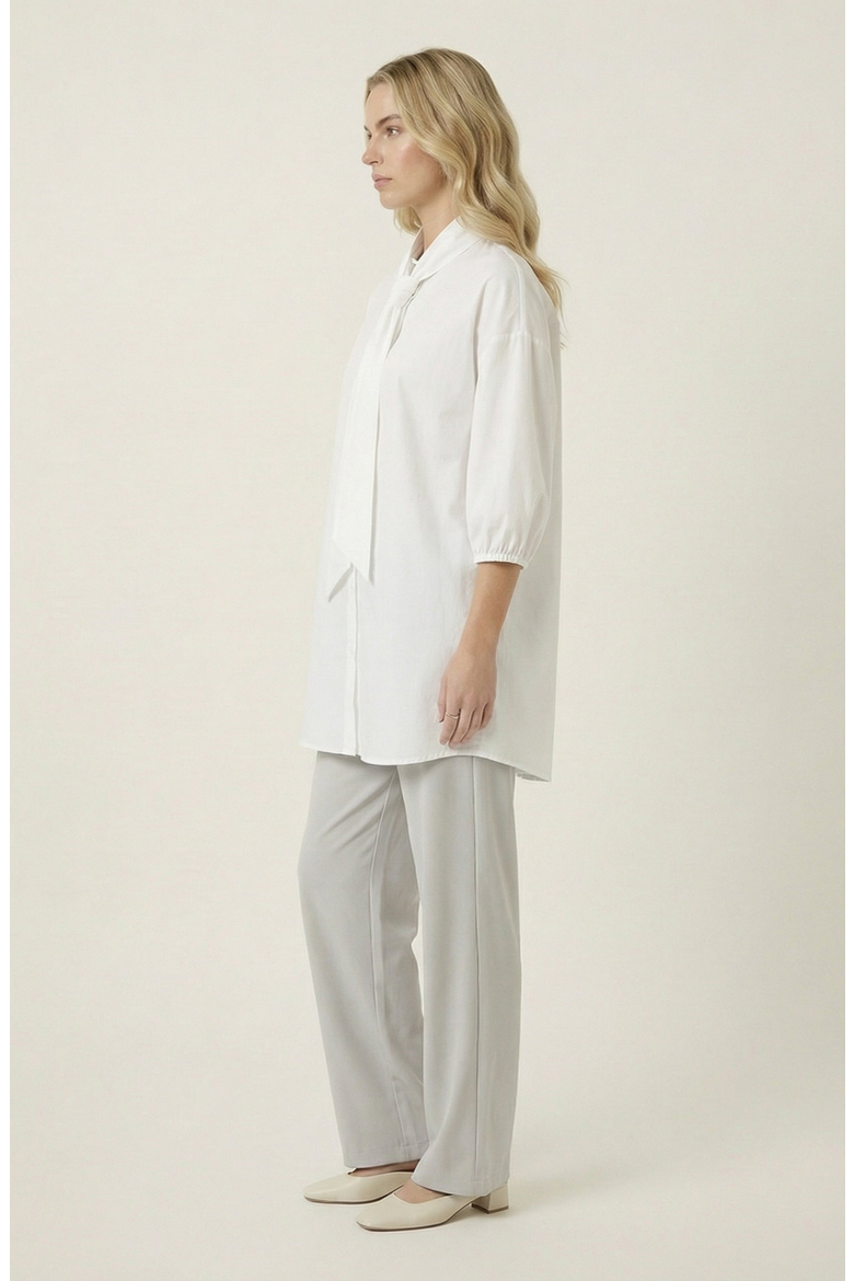 Tie Neck Button Front Tunic Shirt, Alternate, color, White