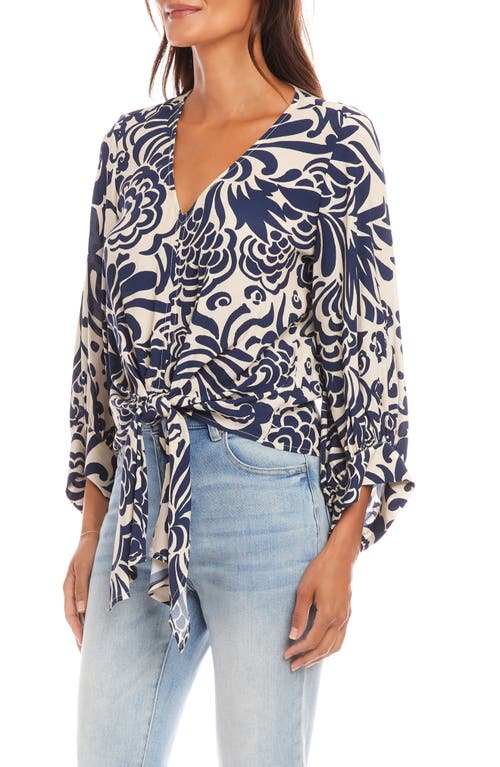 Karen Kane Blouson Sleeve Tie Front Top In Blue Print