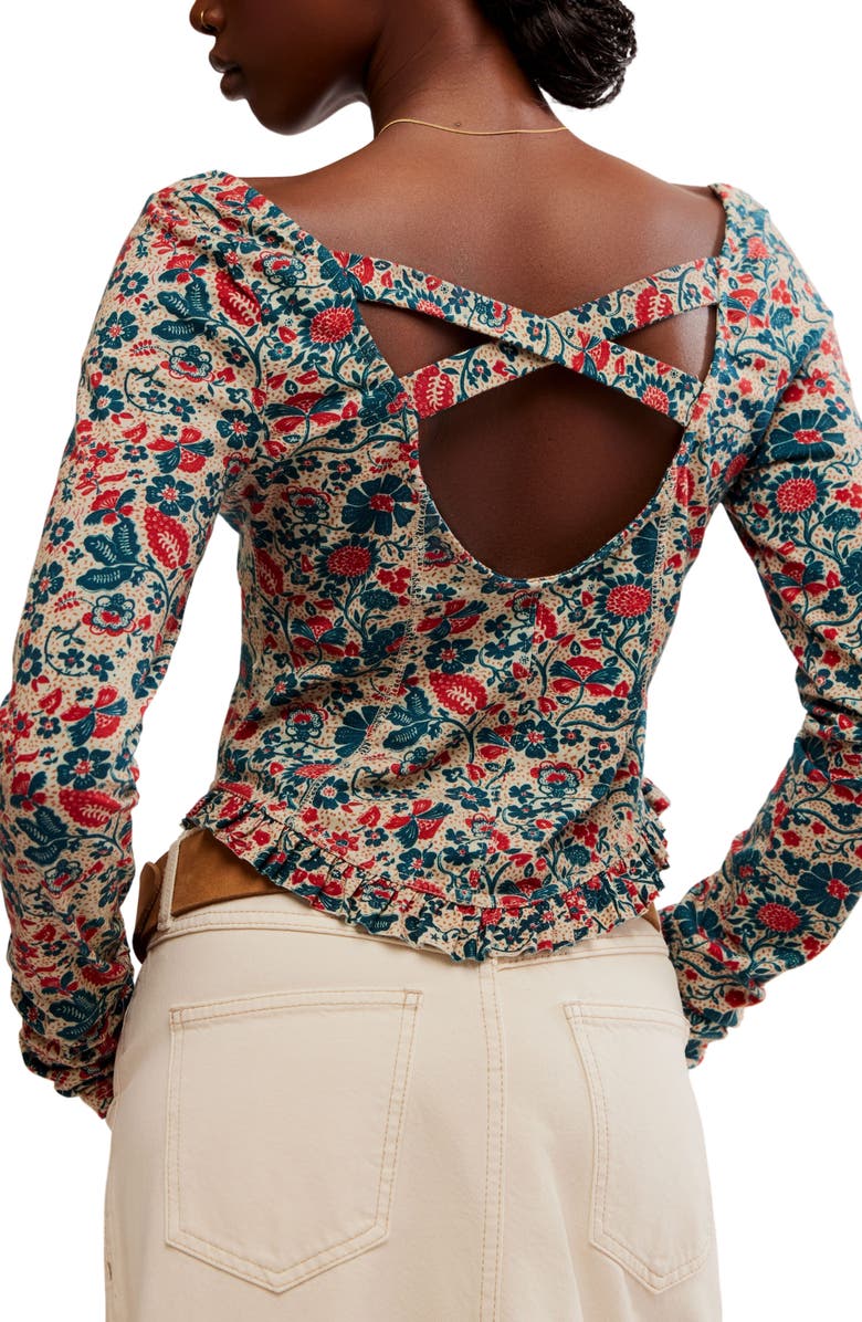 Free People Melanie Floral Long Sleeve Crop Shirt, Alternate, color, Sand Combo