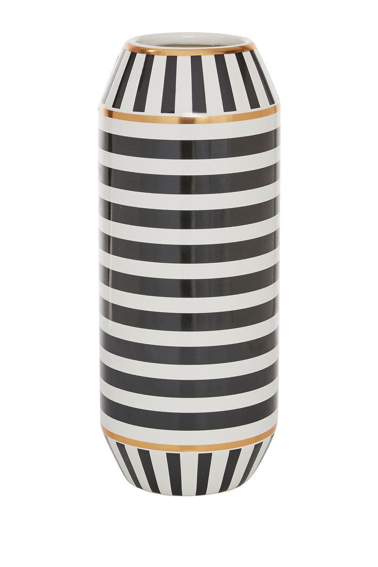 Black Ceramic Striped Vase with Goldtone Accents, Alternate, color, MULTI