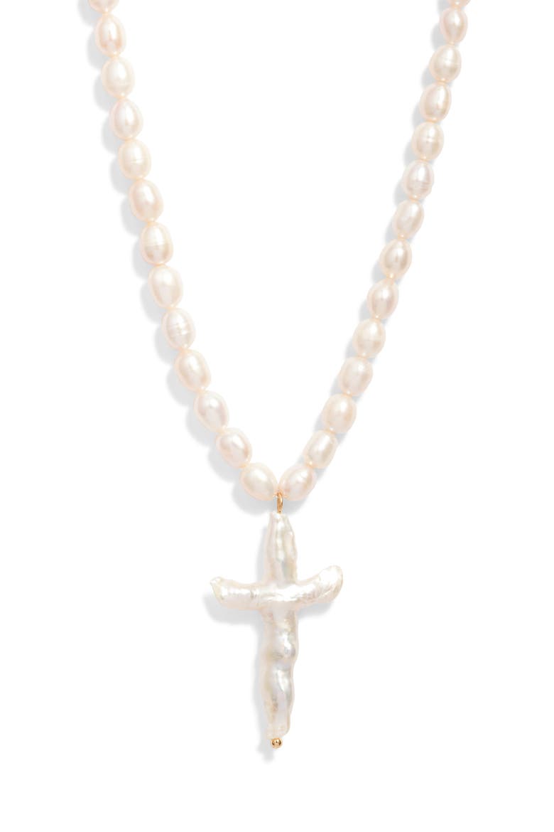 Florenzia Freshwater Pearl Cross Pendant Necklace, Main, color, PEARL