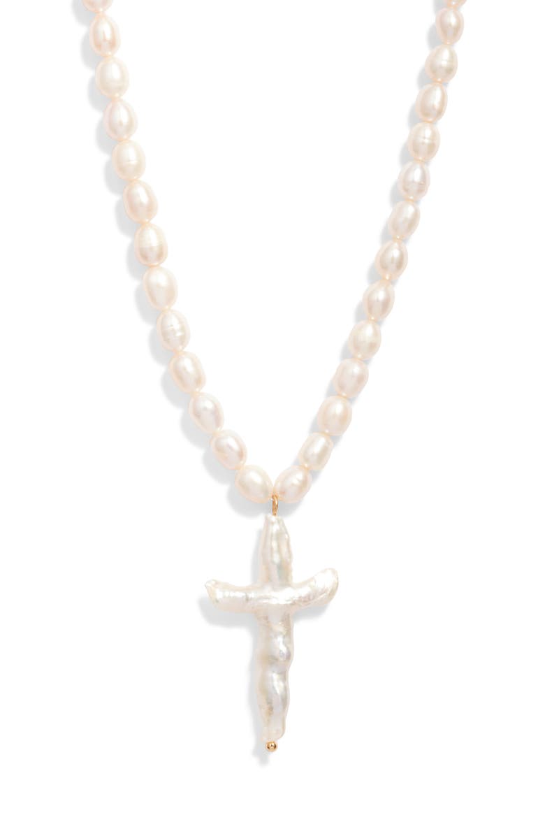 FRASIER STERLING Florenzia Freshwater Pearl Cross Pendant Necklace, Main, color, Pearl