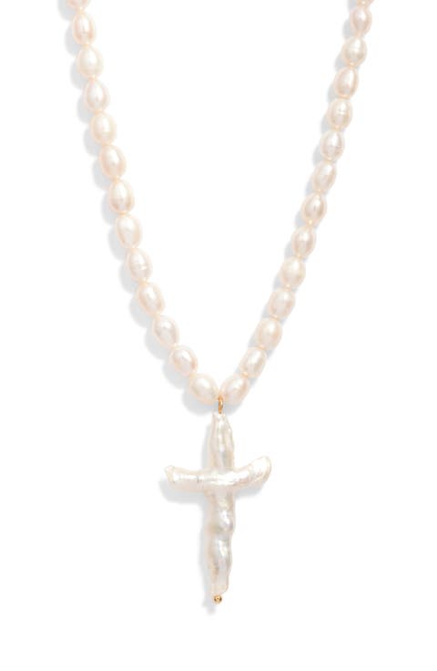 Florenzia Freshwater Pearl Cross Pendant Necklace