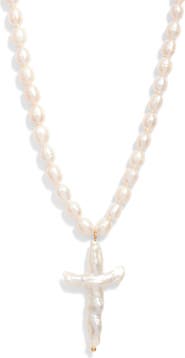 FRASIER STERLING Florenzia Freshwater Pearl Cross Pendant Necklace