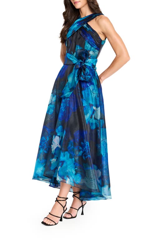 Tahari Asl Floral Organza Evening Gown In Blue
