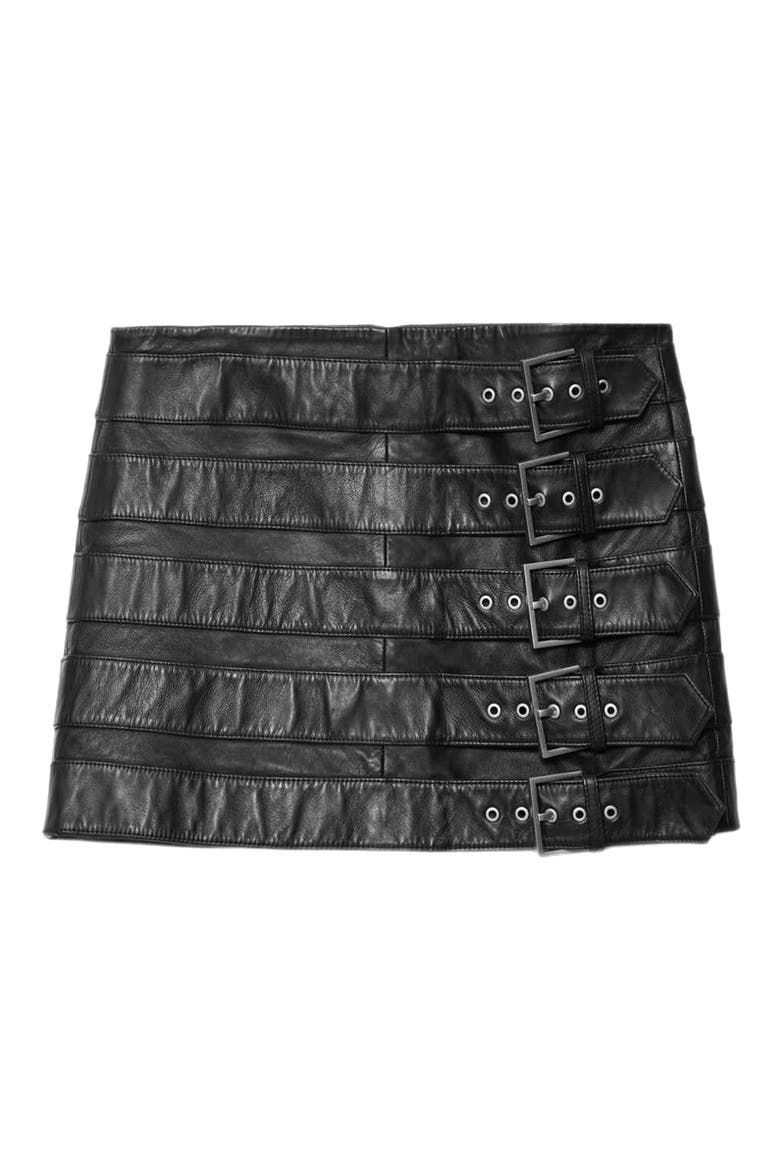 Betty Buckle Leather Miniskirt, Alternate, color, BLACK