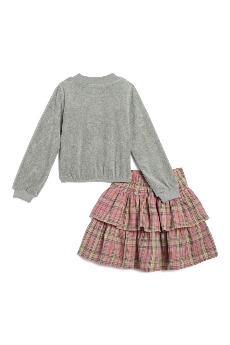 Kids' French Terry Top and Plaid Skirt Set, Alternate, color, GRAY/ PINK