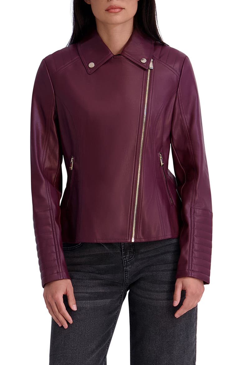 Peplum Back Faux Lether Moto Jacket, Main, color, WINE