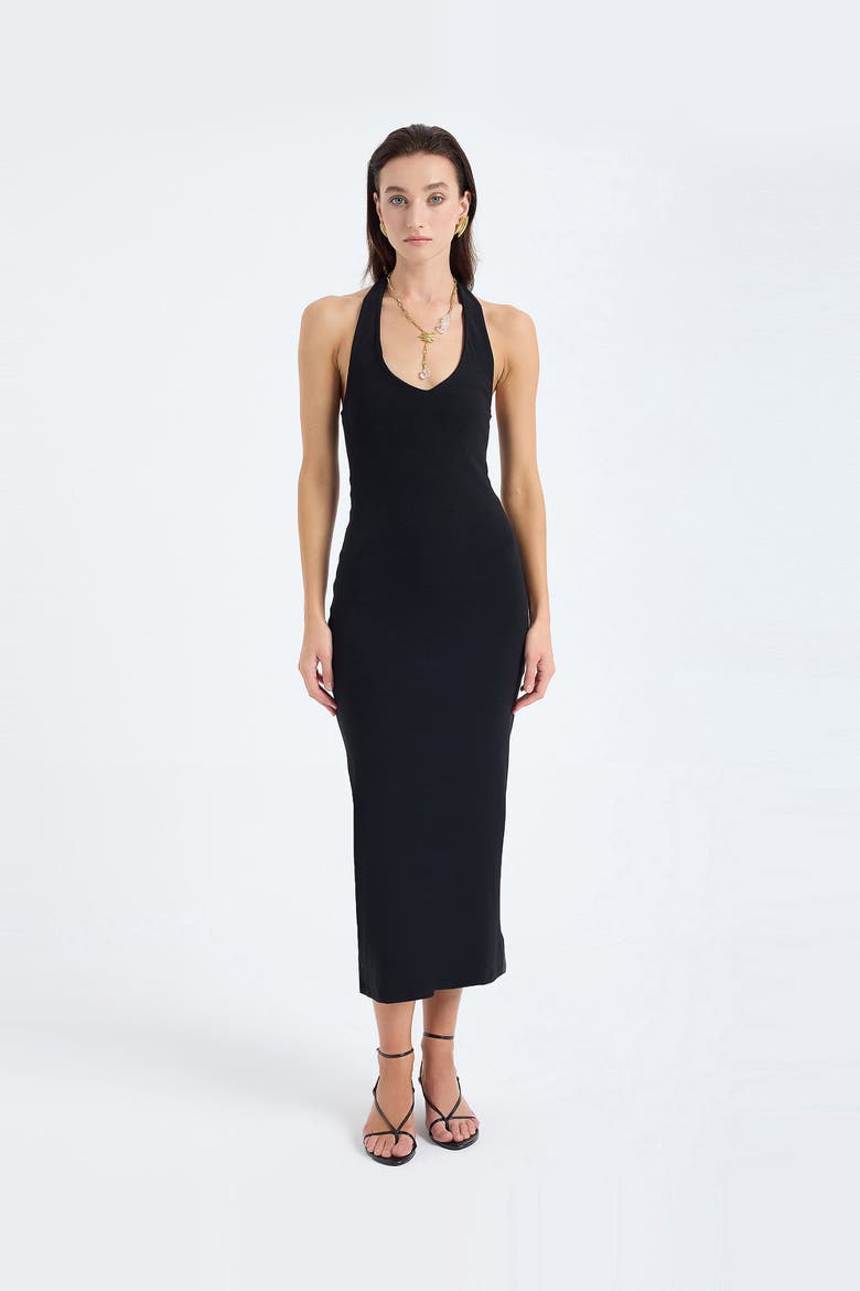 Orion Halter Neck Cotton Bodycon Midi Dress, Alternate, color, Black